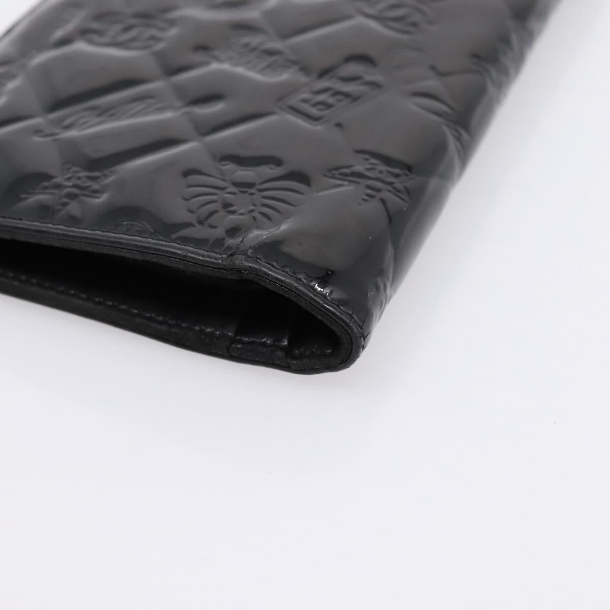CHANEL Icon line Long Wallet Patent leather Black CC Auth 198760