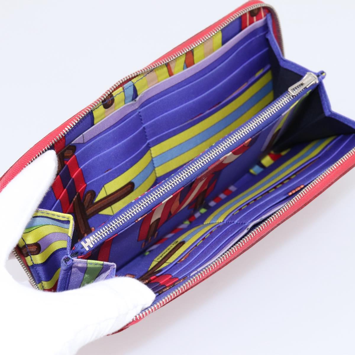 HERMES Azap Long Silk Inn Long Wallet Leather Red Silver Auth 198763