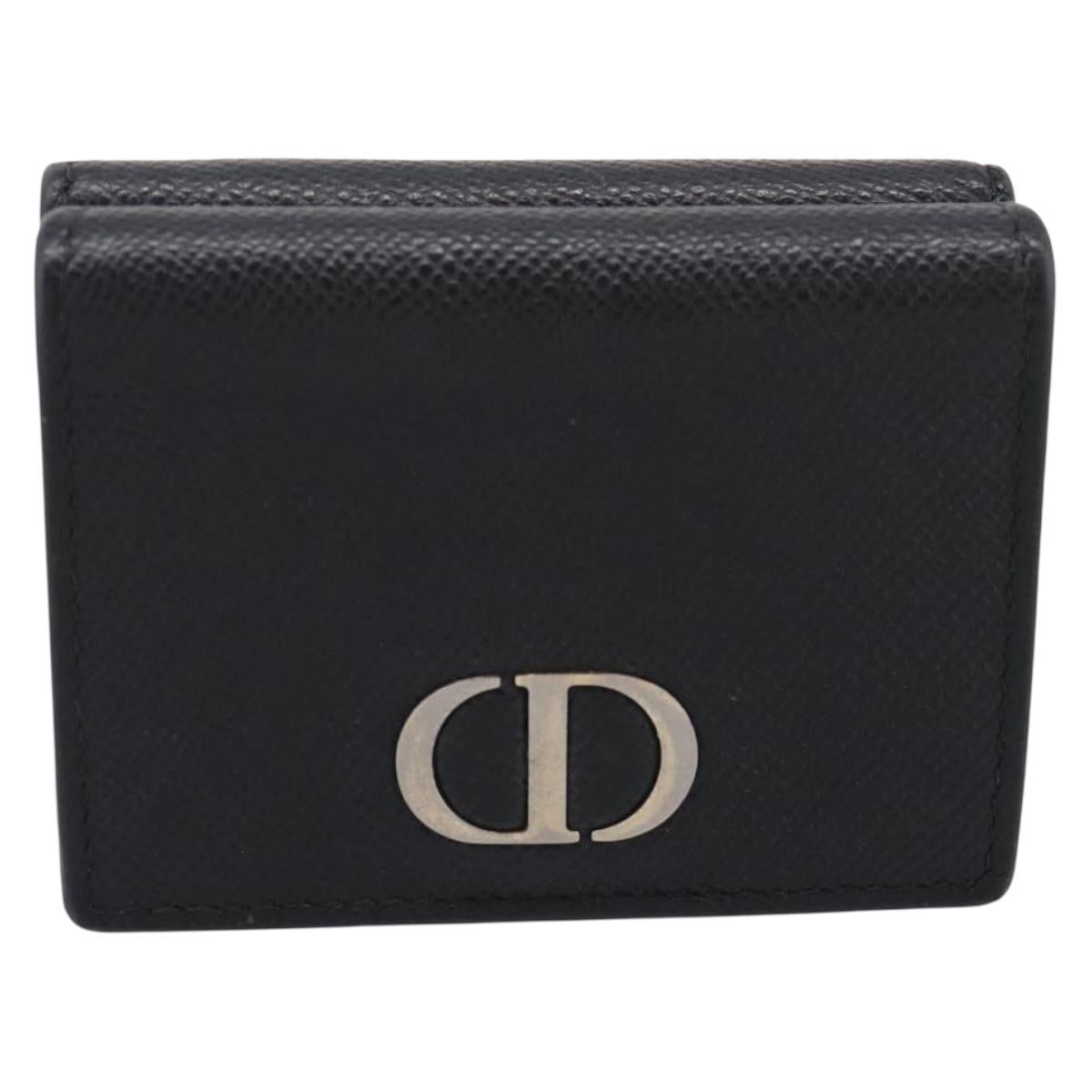Christian Dior Compact Wallet Leather Black Gold Auth 198767A