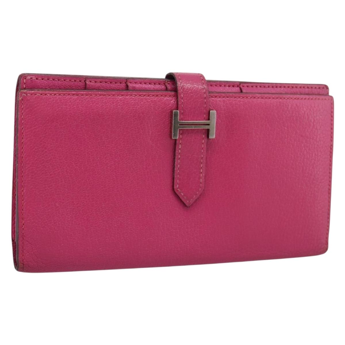 HERMES Beansufla Wallet Leather Pink Silver Auth 198769A