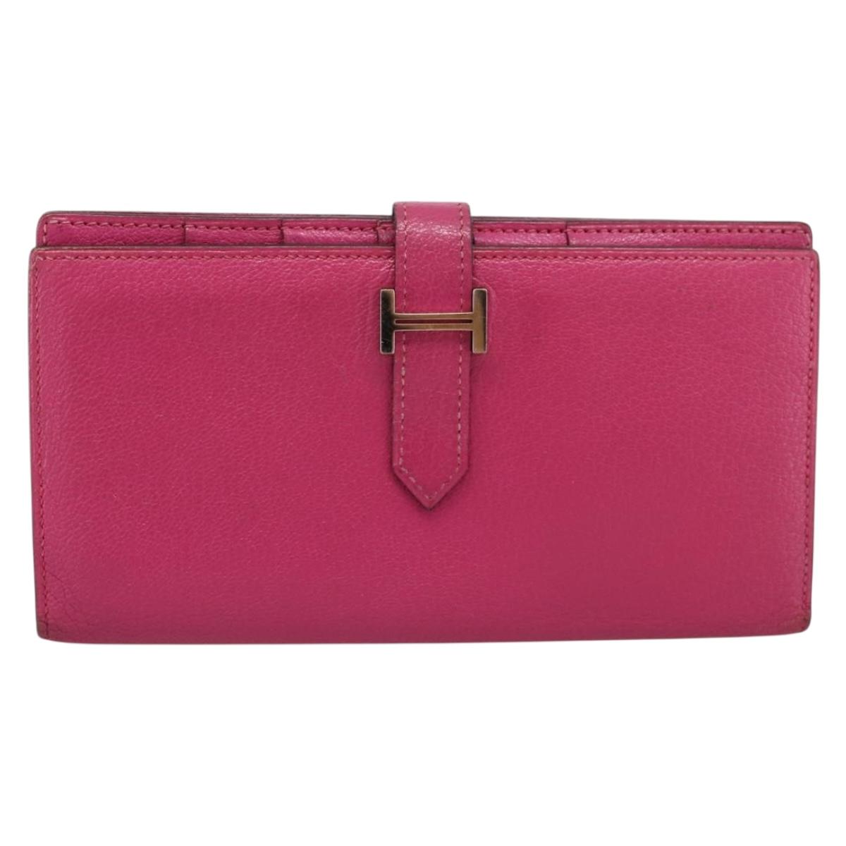 HERMES Beansufla Wallet Leather Pink Silver Auth 198769A