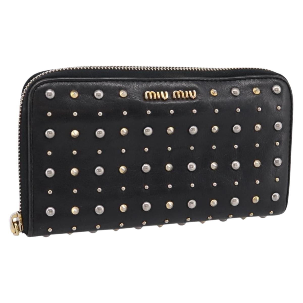 Miu Miu Long Wallet Leather Black Gold Silver Auth 198773A