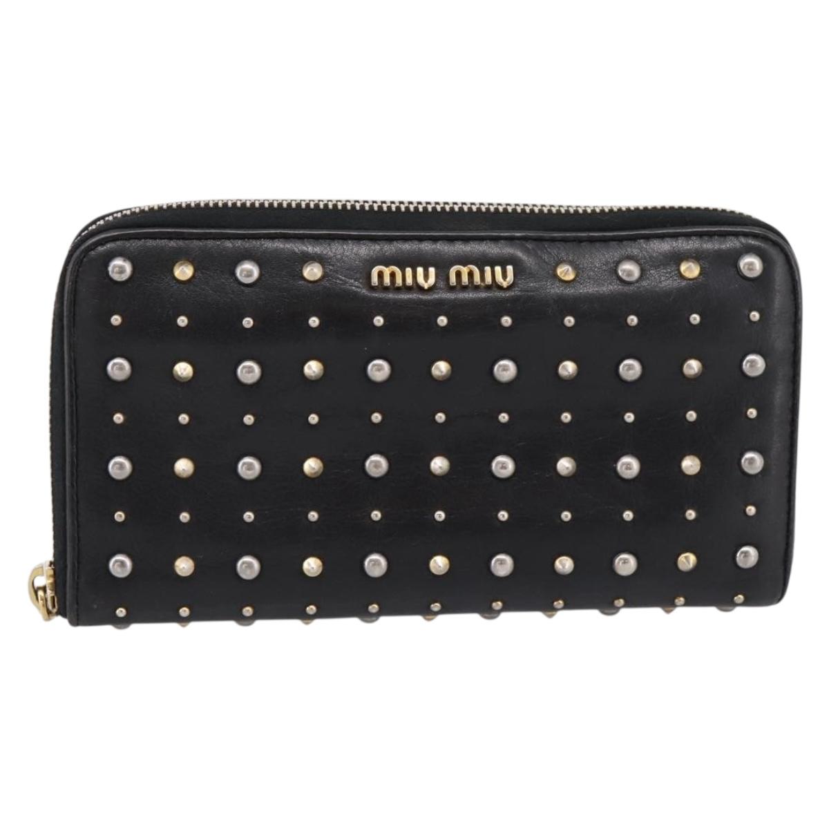 Miu Miu Long Wallet Leather Black Gold Silver Auth 198773A
