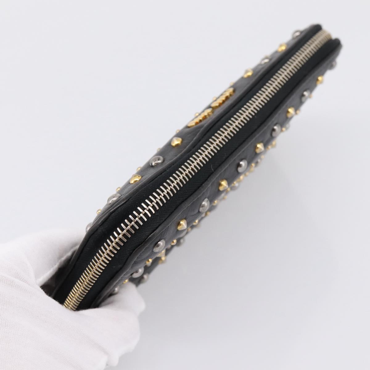 Miu Miu Long Wallet Leather Black Gold Silver Auth 198773A