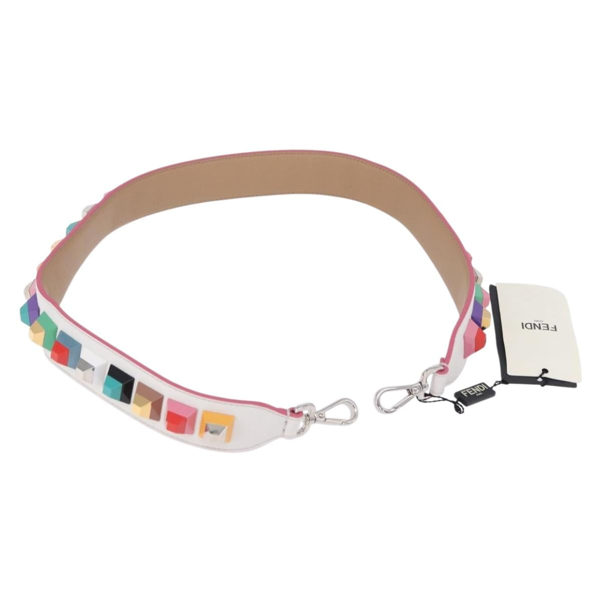 FENDI Strap You Shoulder Strap Leather White Silver Auth 198780M