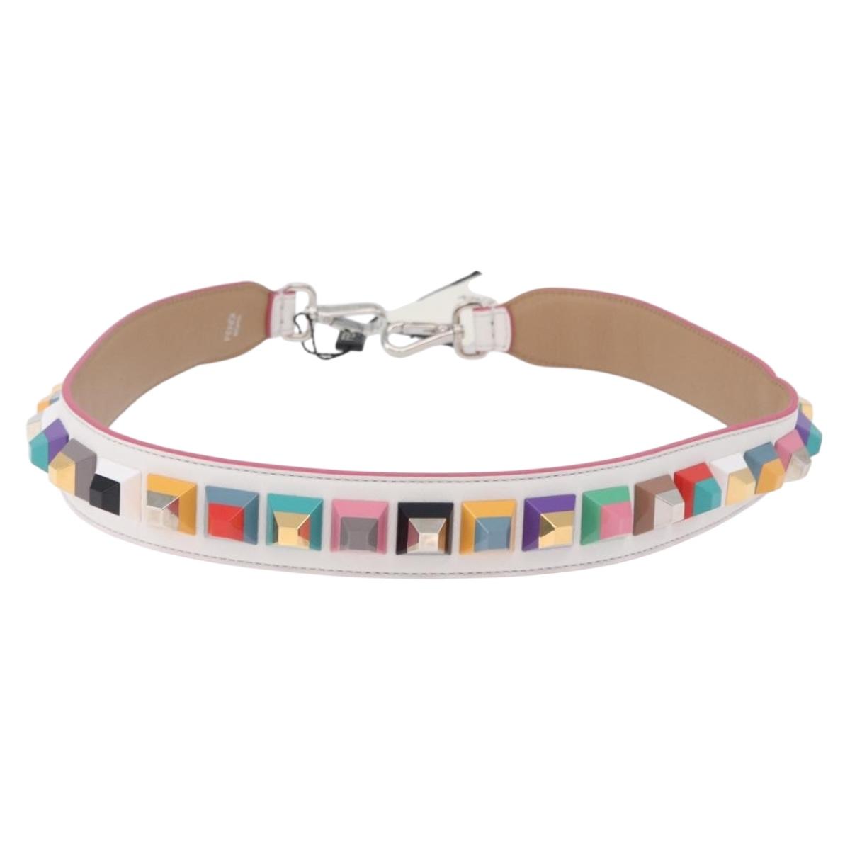 FENDI Strap You Shoulder Strap Leather White Silver Auth 198780M