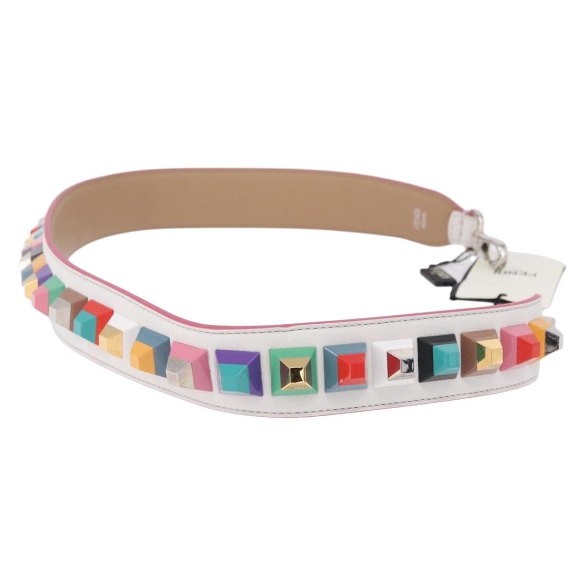 FENDI Strap You Shoulder Strap Leather White Silver Auth 198780M