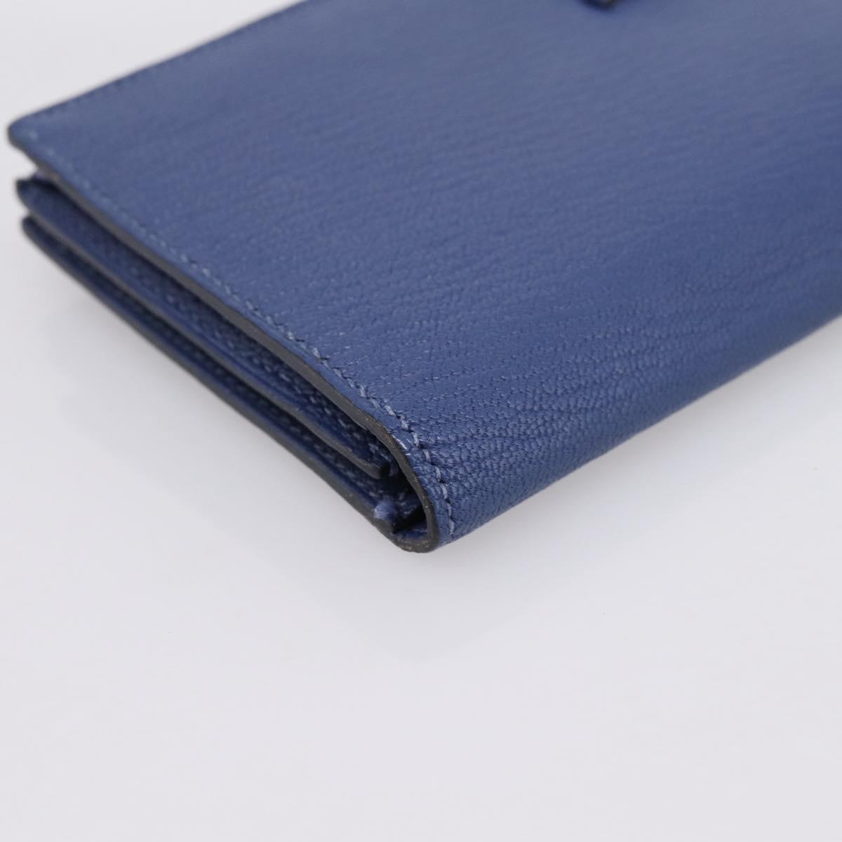 HERMES Bearn Soufflet Wallet Leather Blue Silver Auth 198789V