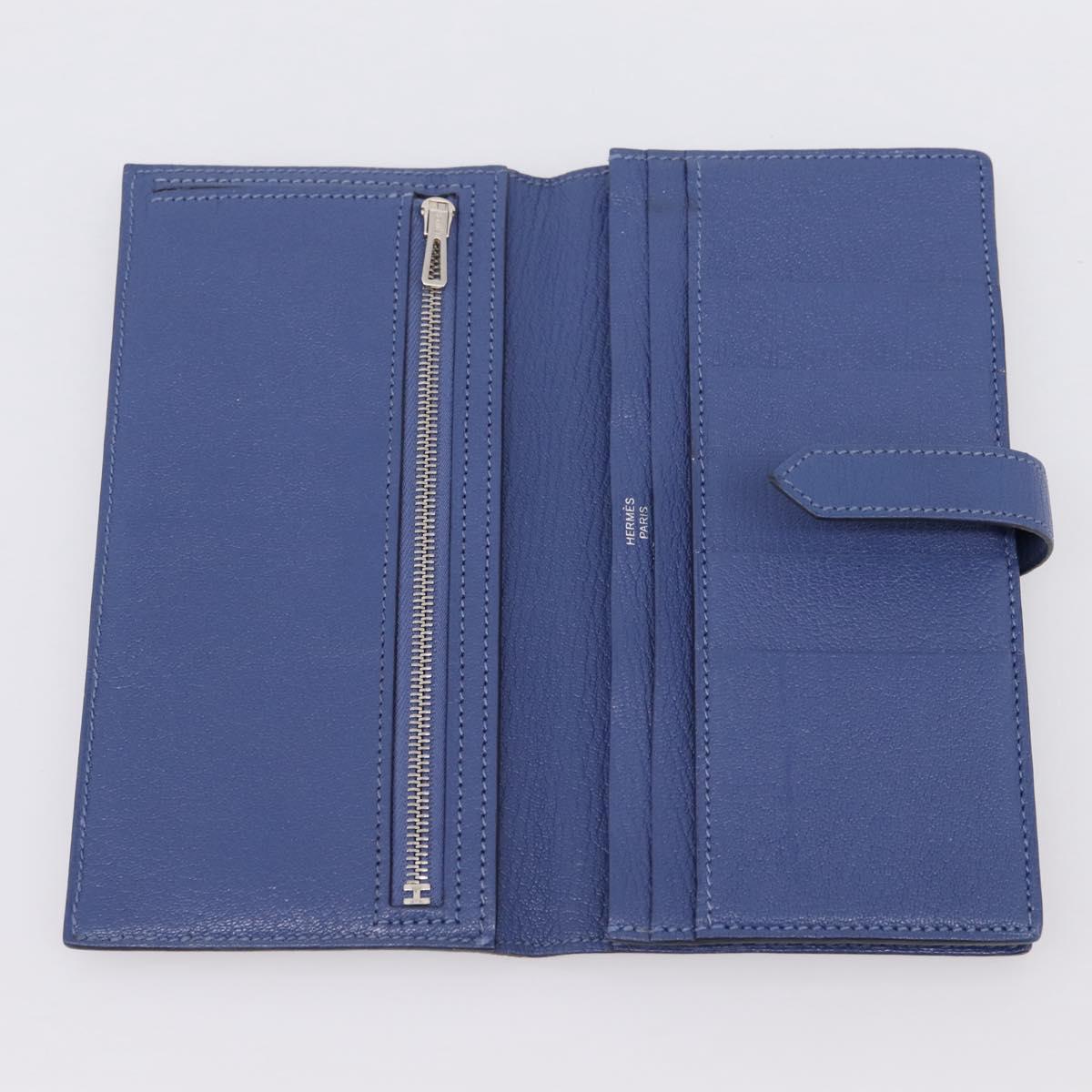 HERMES Bearn Soufflet Wallet Leather Blue Silver Auth 198789V
