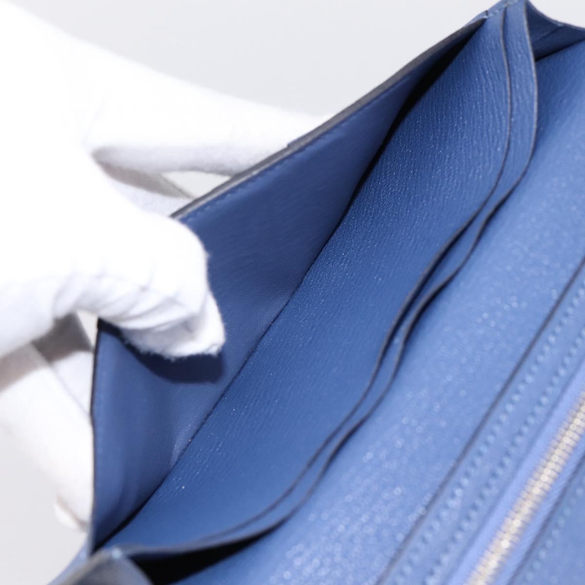 HERMES Bearn Soufflet Wallet Leather Blue Silver Auth 198789V