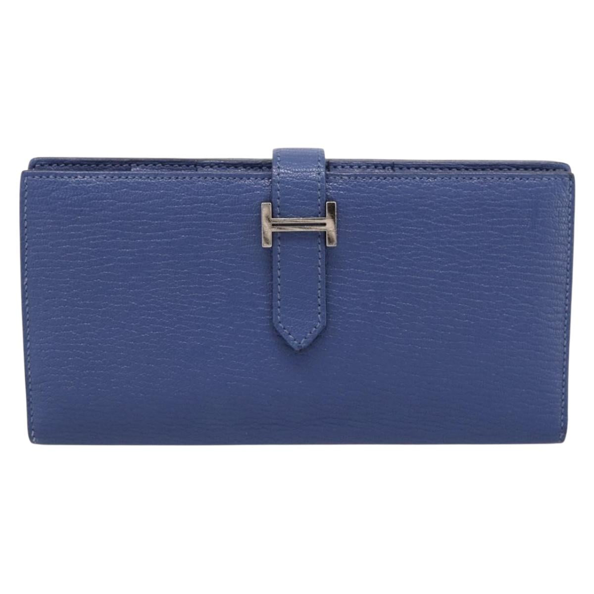 HERMES Bearn Soufflet Wallet Leather Blue Silver Auth 198789V