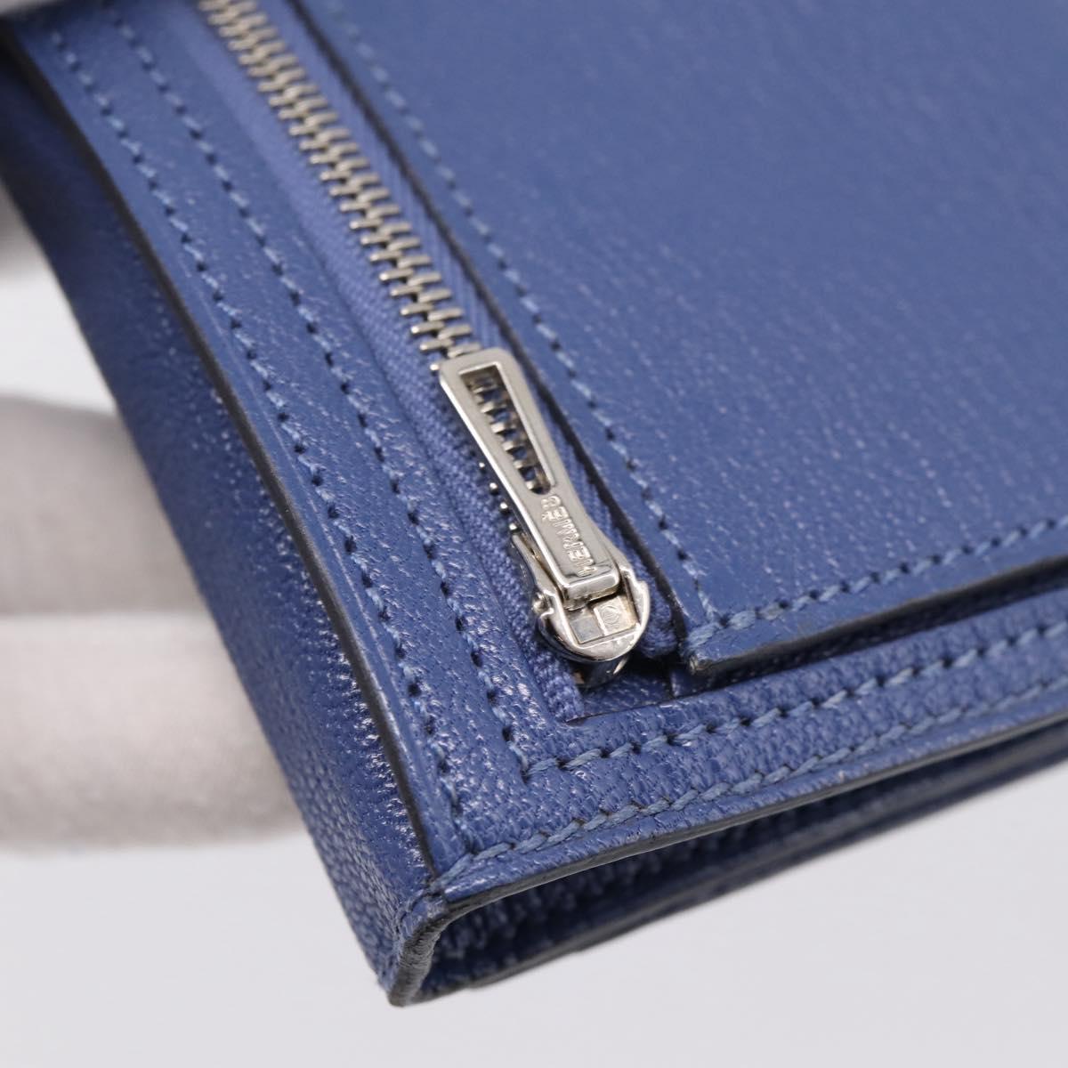 HERMES Bearn Soufflet Wallet Leather Blue Silver Auth 198789V