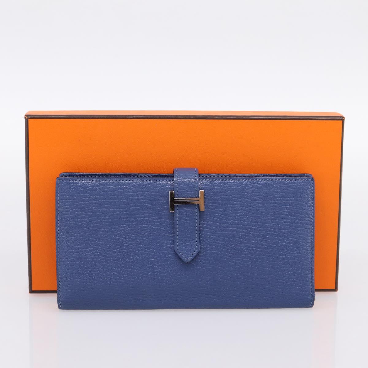 HERMES Bearn Soufflet Wallet Leather Blue Silver Auth 198789V