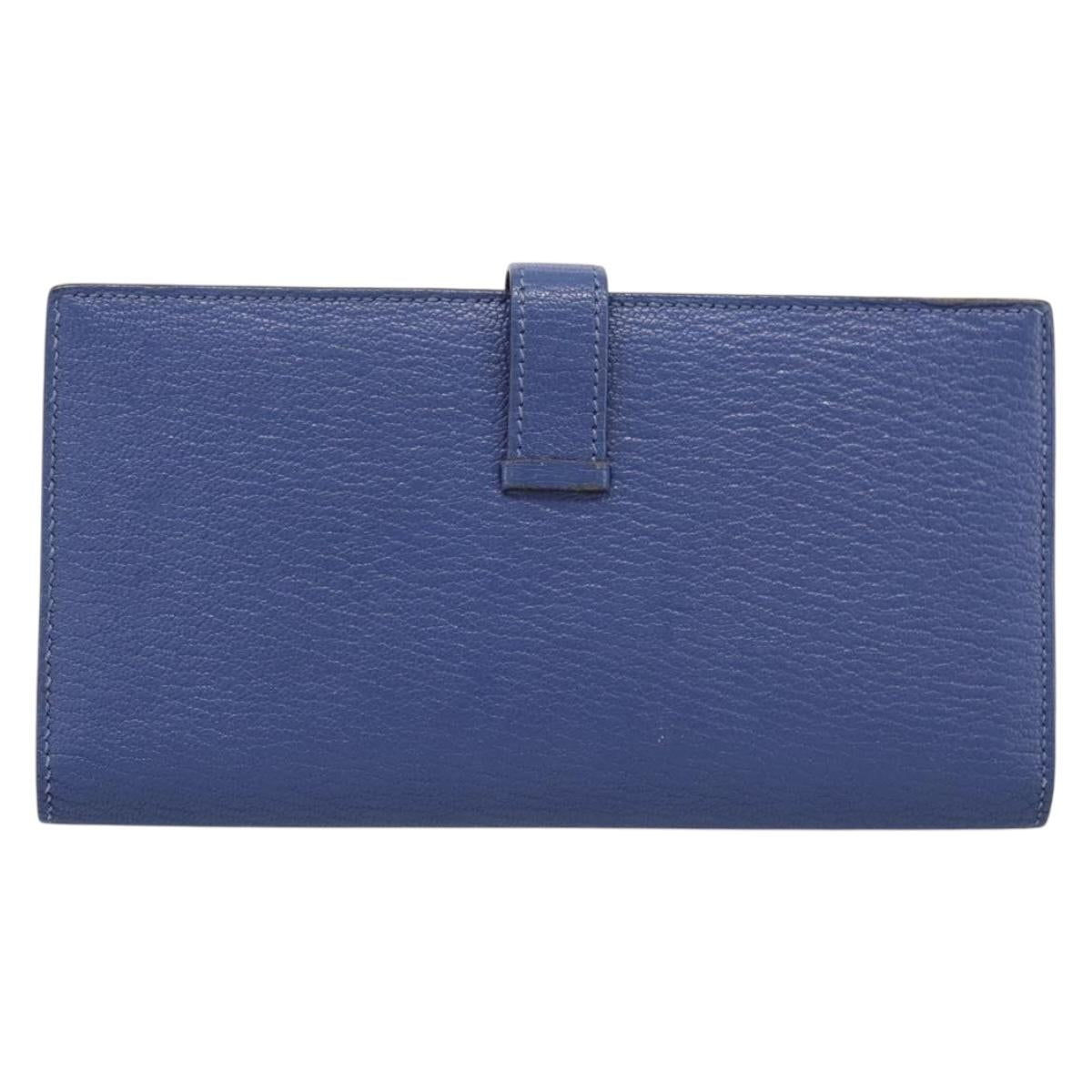 HERMES Bearn Soufflet Wallet Leather Blue Silver Auth 198789V