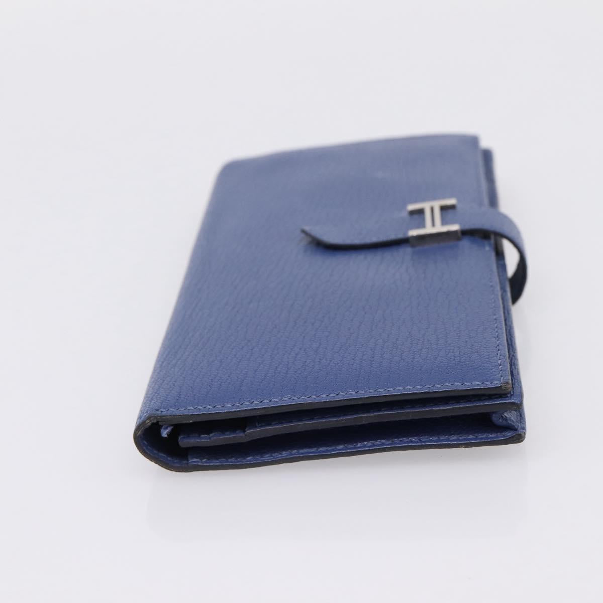 HERMES Bearn Soufflet Wallet Leather Blue Silver Auth 198789V