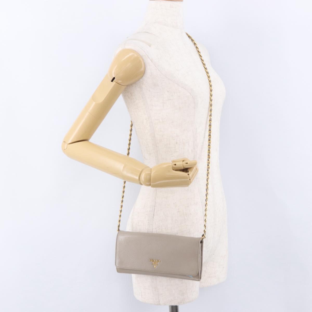 PRADA Chain Shoulder Long Wallet Vittero Dino Leather Gray Gold Auth 198791A