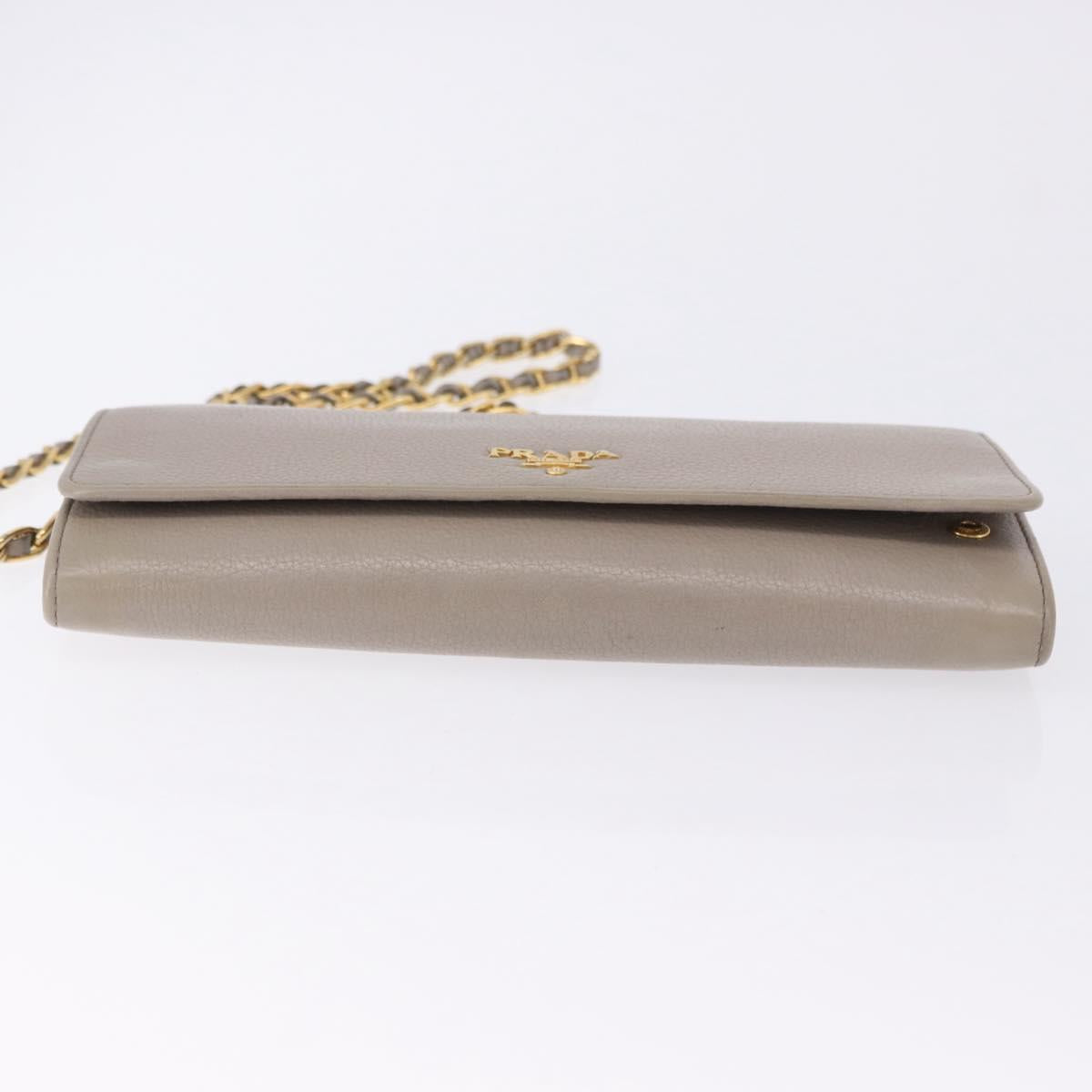 PRADA Chain Shoulder Long Wallet Vittero Dino Leather Gray Gold Auth 198791A