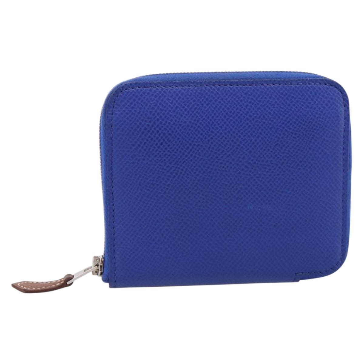 HERMES Azap Compact Silk In Wallet Leather Blue Silver Auth 198794V