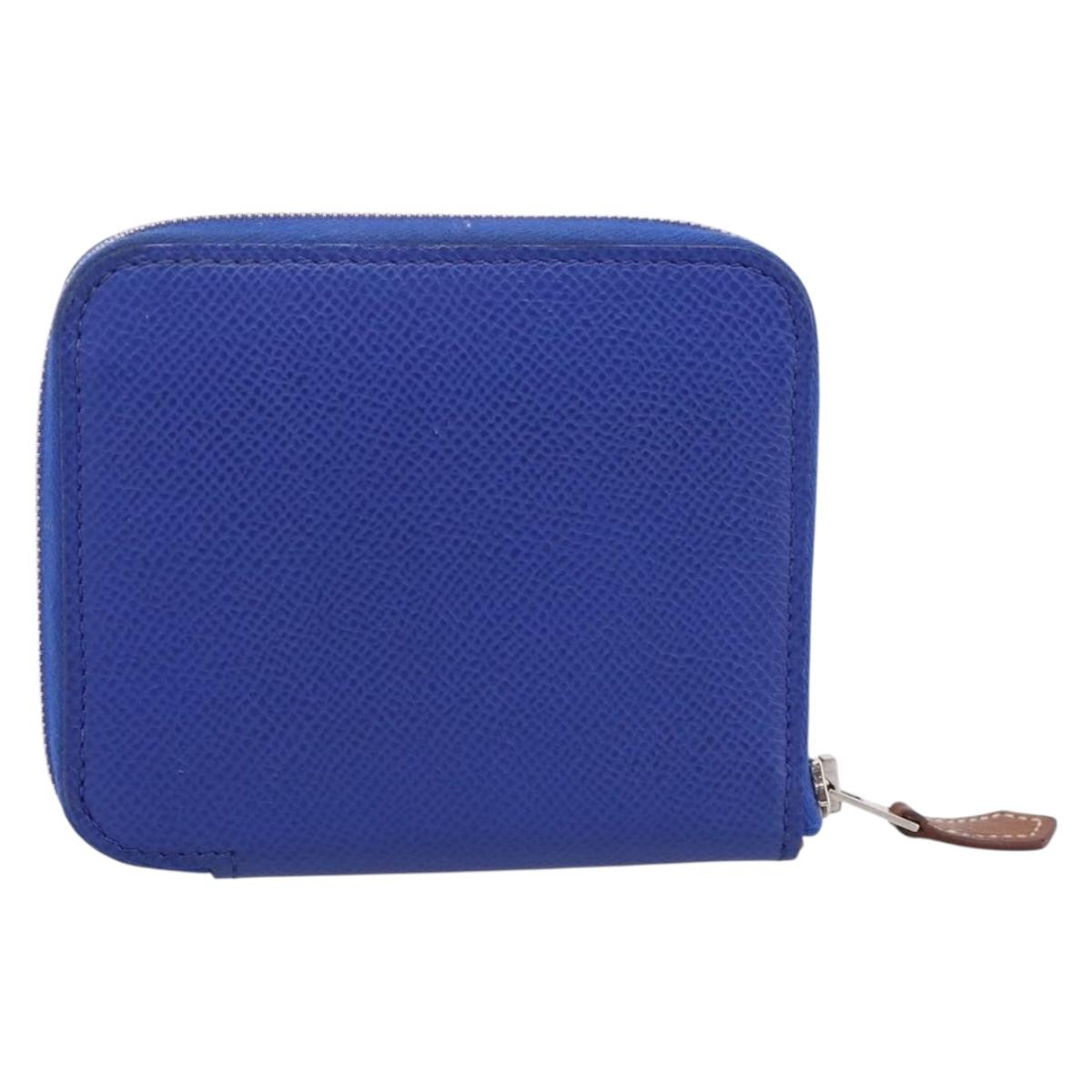 HERMES Azap Compact Silk In Wallet Leather Blue Silver Auth 198794V