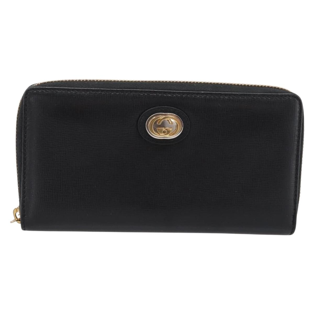 GUCCI Interlocking G Long Wallet Leather Black Gold Auth 198800V