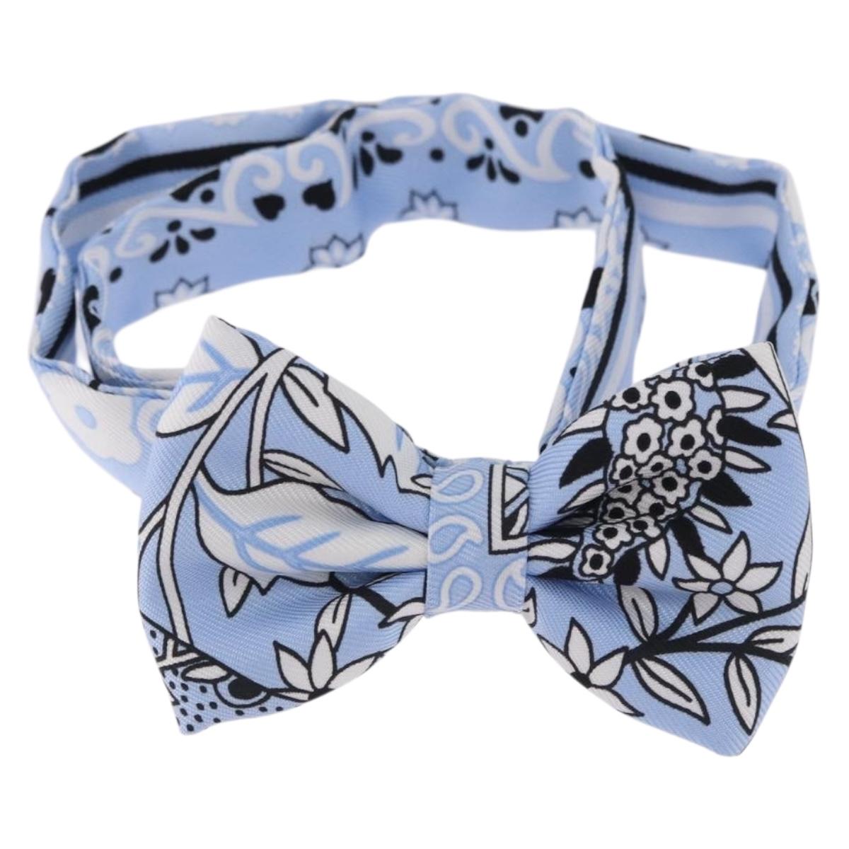 HERMES Ribbon Tie Silk Light Blue Silver Auth 198802M
