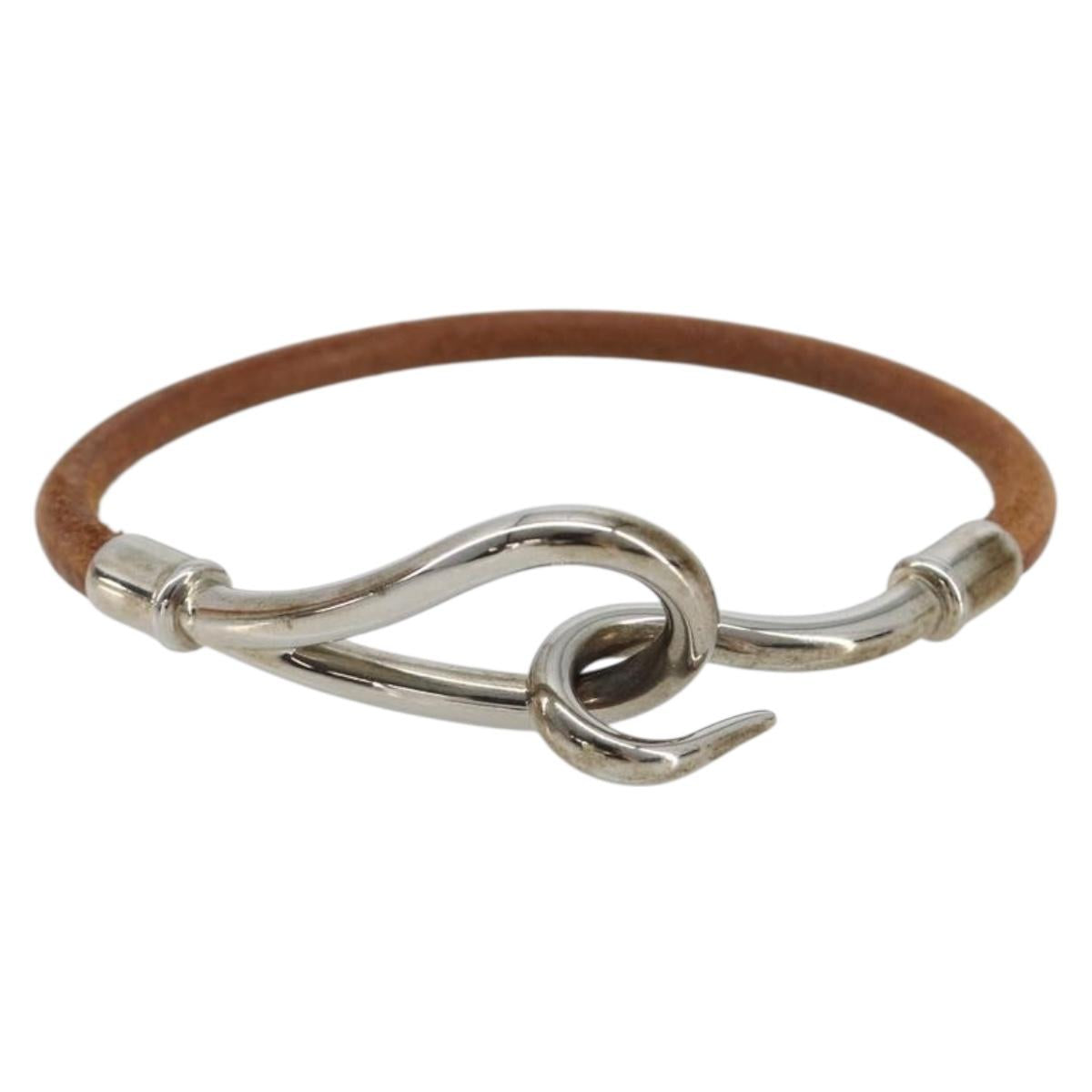 HERMES jumbo Bracelet Leather Metal Brown Silver Auth 198807A