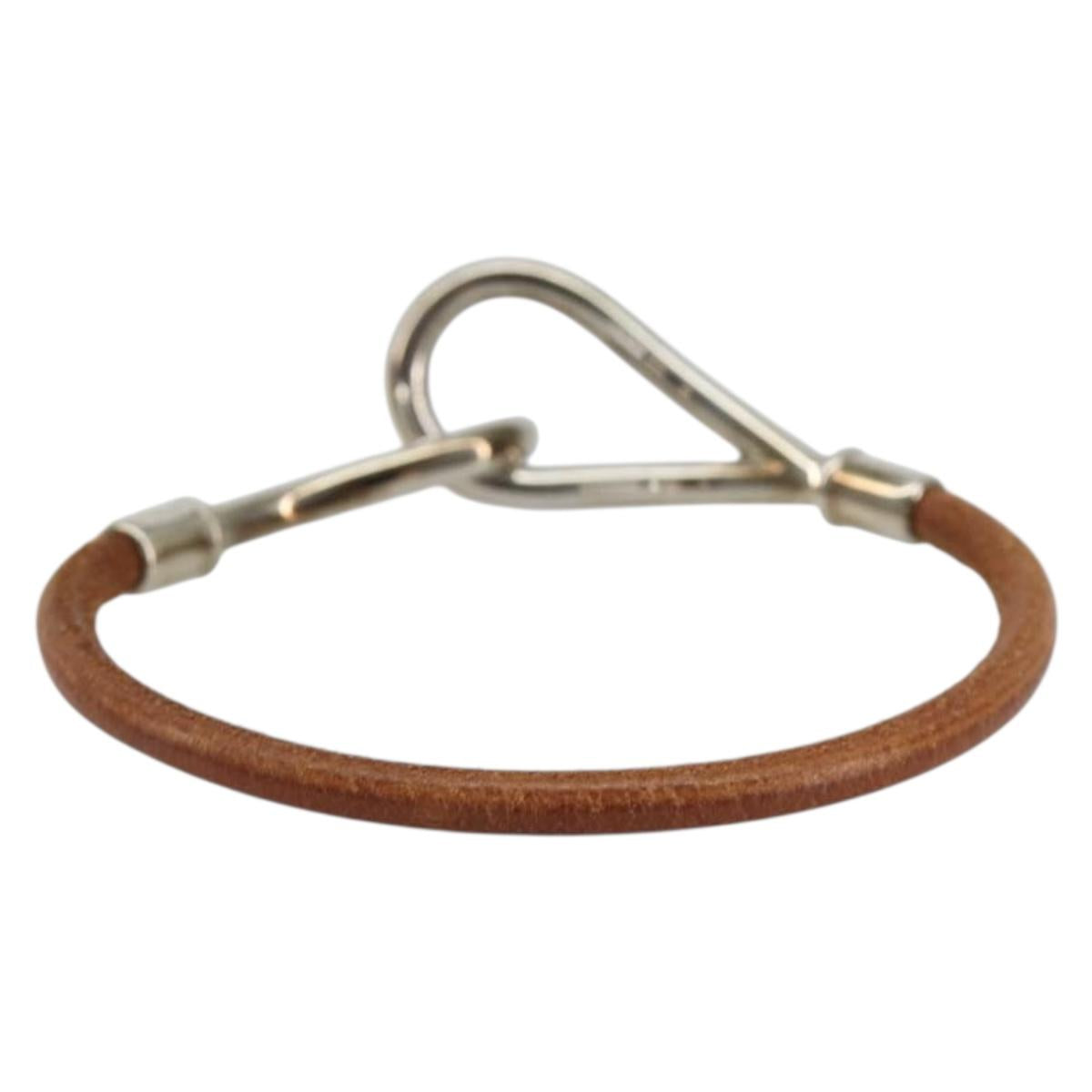 HERMES jumbo Bracelet Leather Metal Brown Silver Auth 198807A