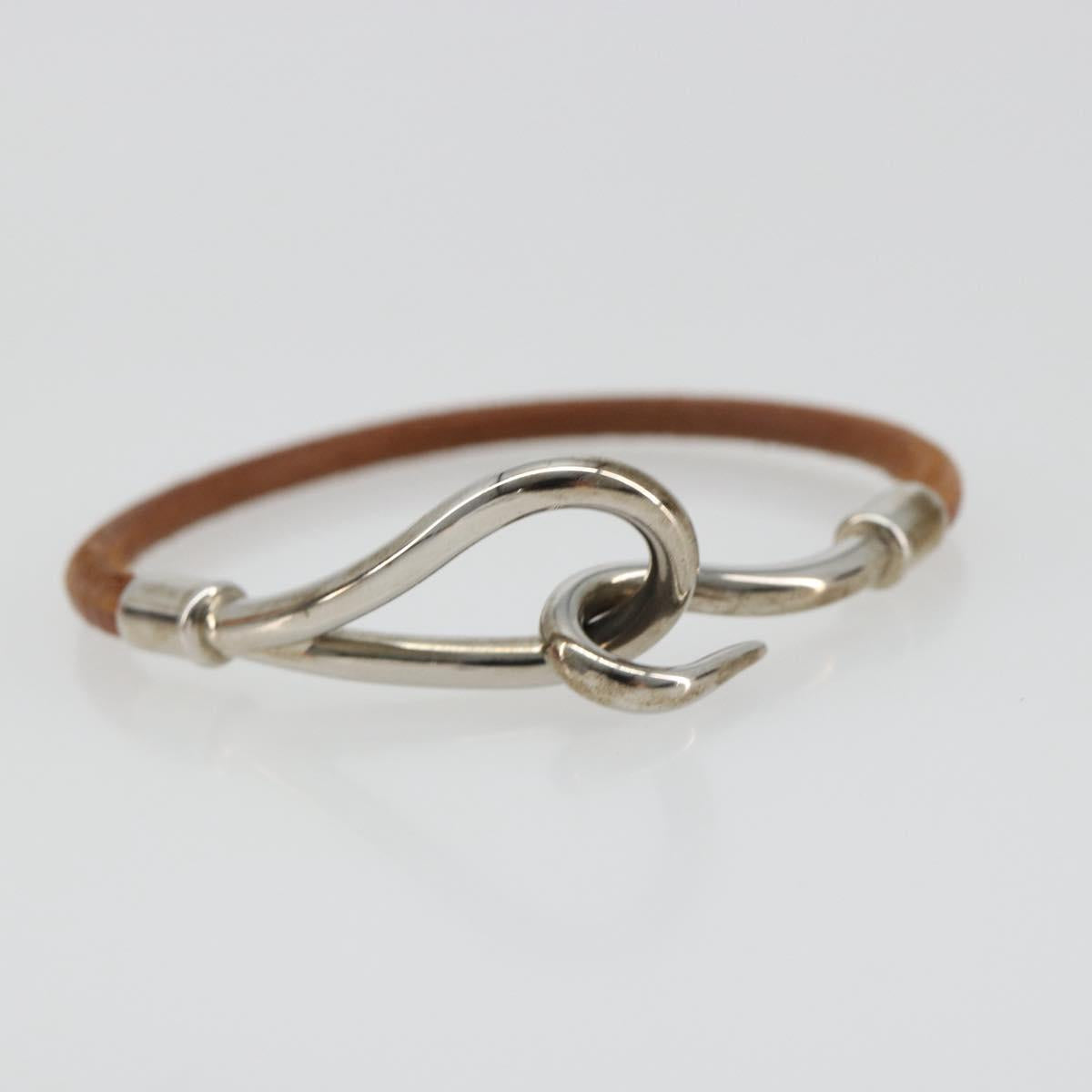 HERMES jumbo Bracelet Leather Metal Brown Silver Auth 198807A