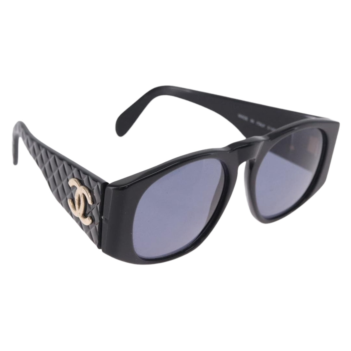 CHANEL COCO Mark Matelasse Sunglasses Plastic Black Gold CC Auth 198824