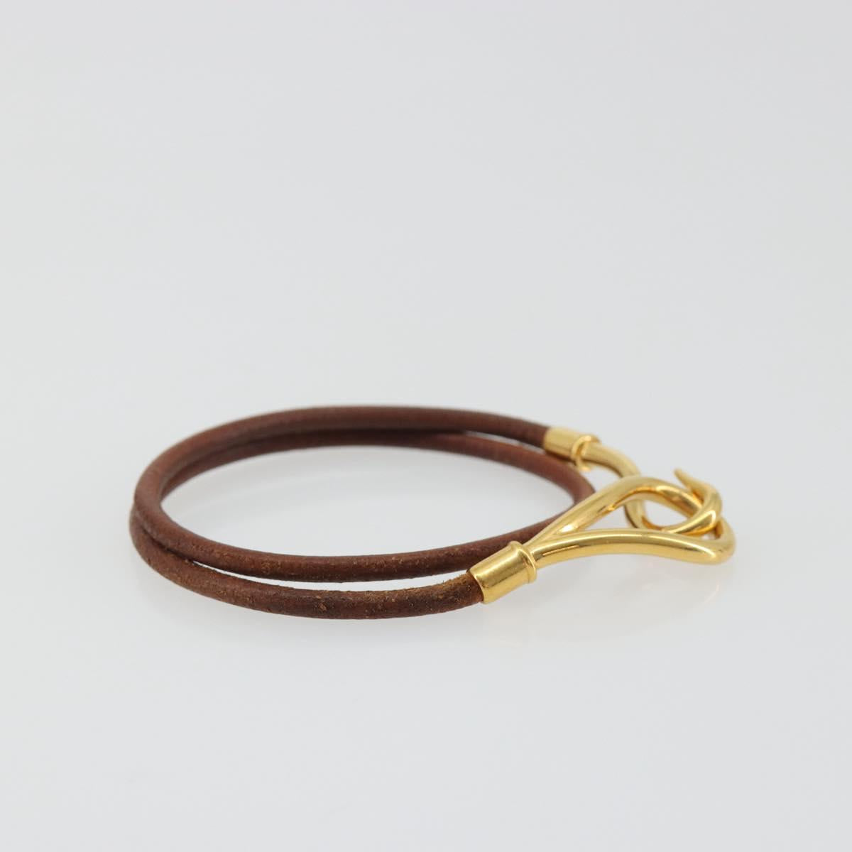 HERMES Jumbo Choker Bracelet Leather Metal Brown Gold Tone Auth 198837A
