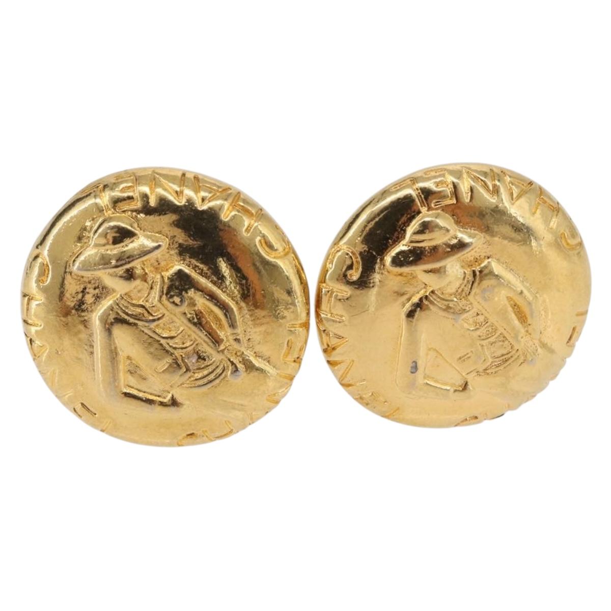 CHANEL Mademoiselle Earring Metal Gold Tone CC Auth 198838