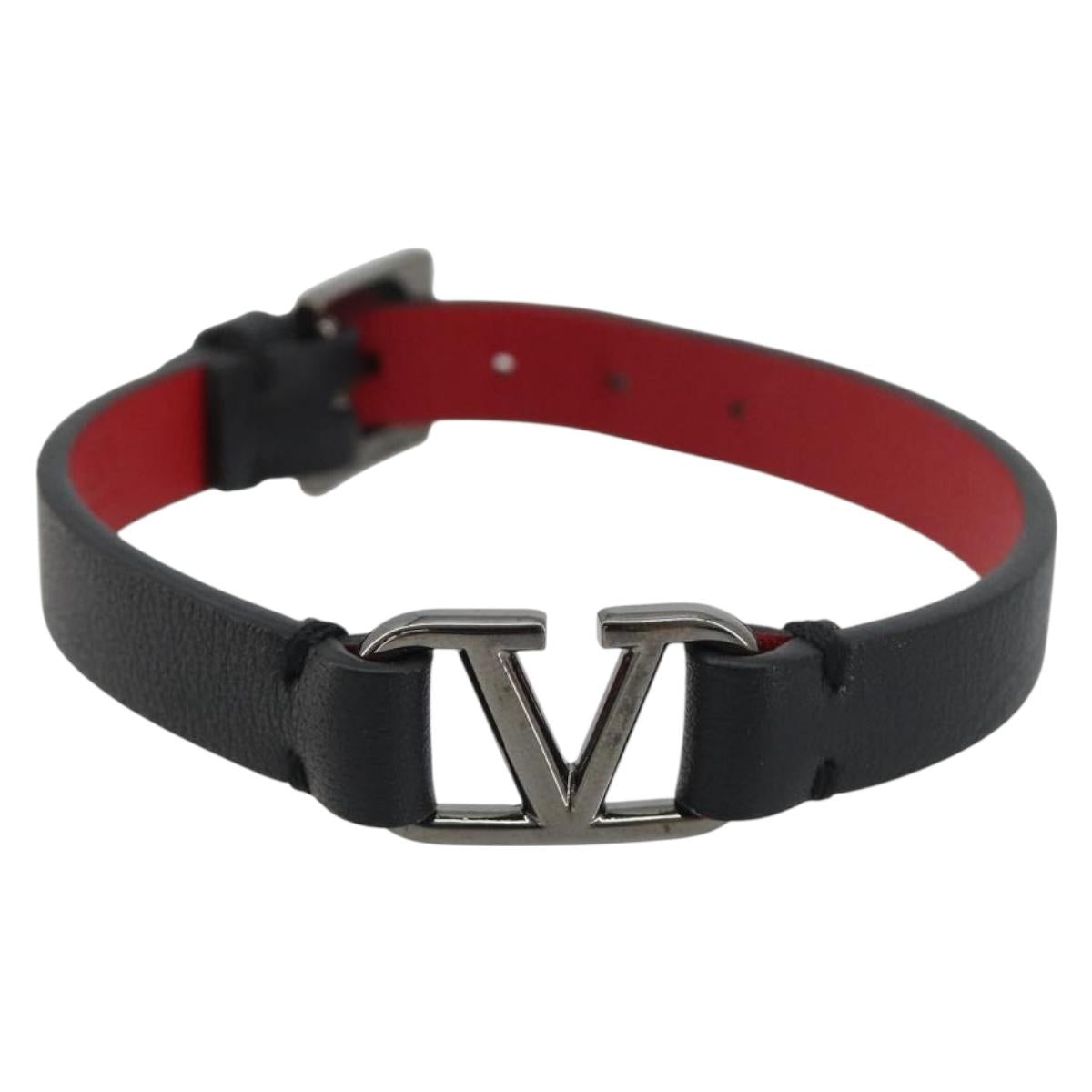 VALENTINO Bracelet Leather Black Silver Auth 198840A