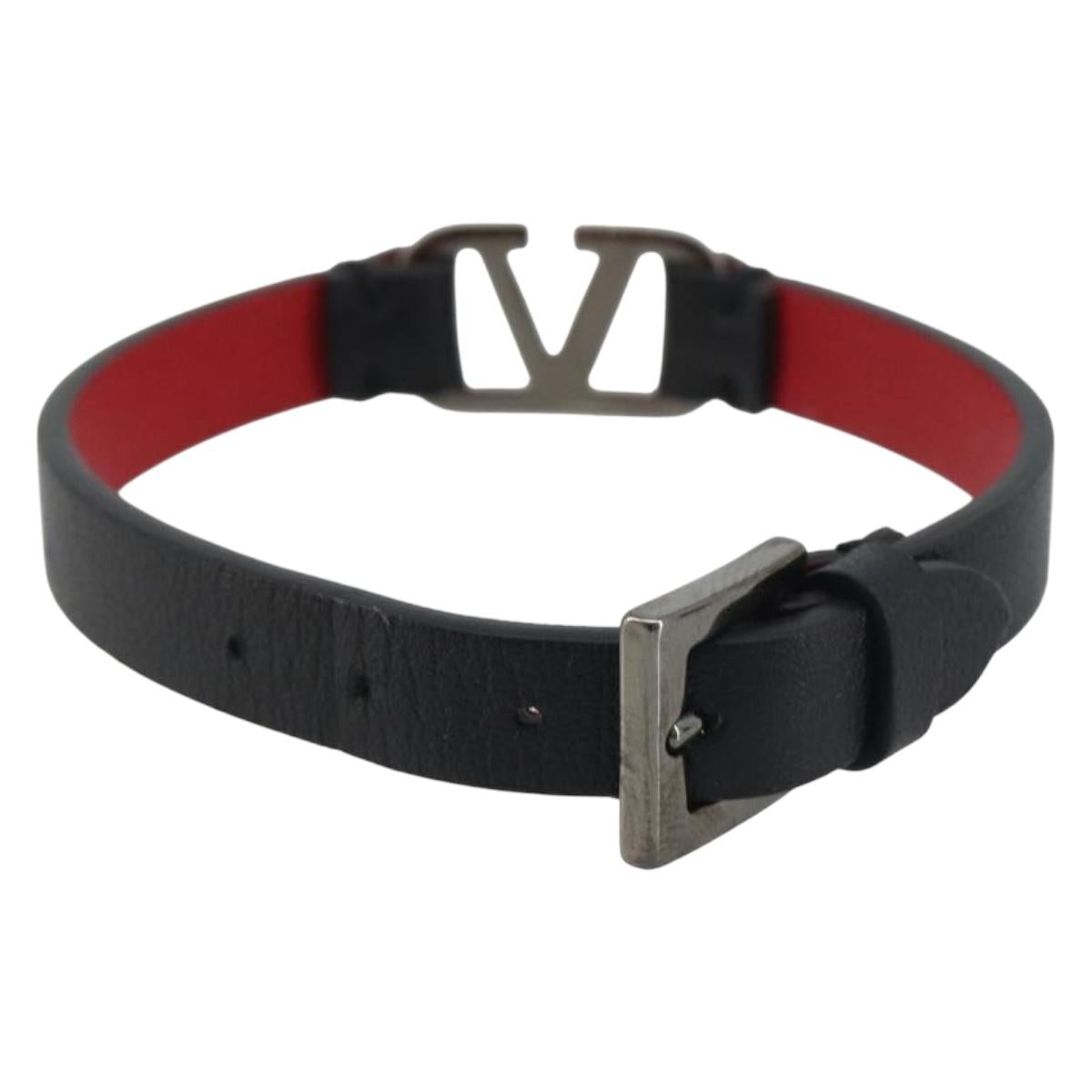 VALENTINO Bracelet Leather Black Silver Auth 198840A