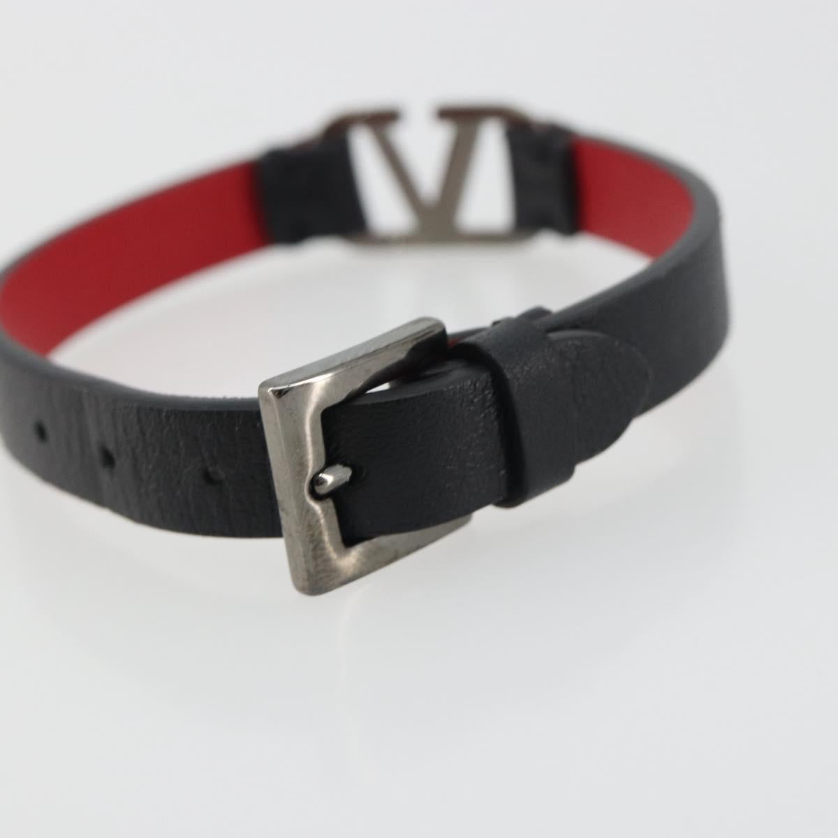 VALENTINO Bracelet Leather Black Silver Auth 198840A