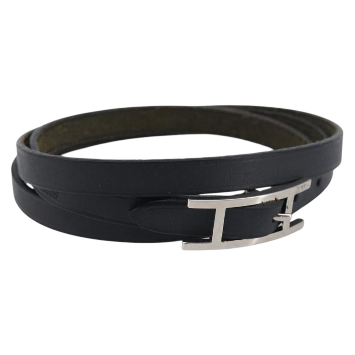 HERMES Api Choker Bracelet Leather Black Silver Auth 198841A