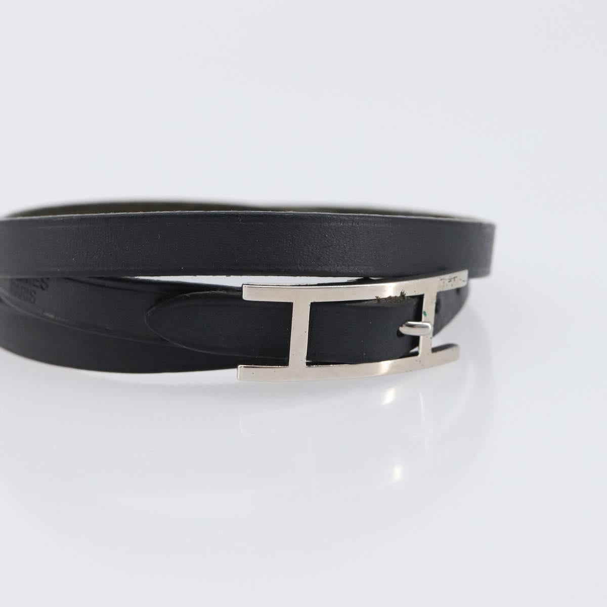 HERMES Api Choker Bracelet Leather Black Silver Auth 198841A