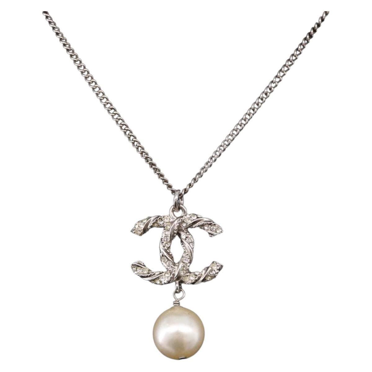 CHANEL COCO Mark Necklace Metal Silver CC Auth 198854V