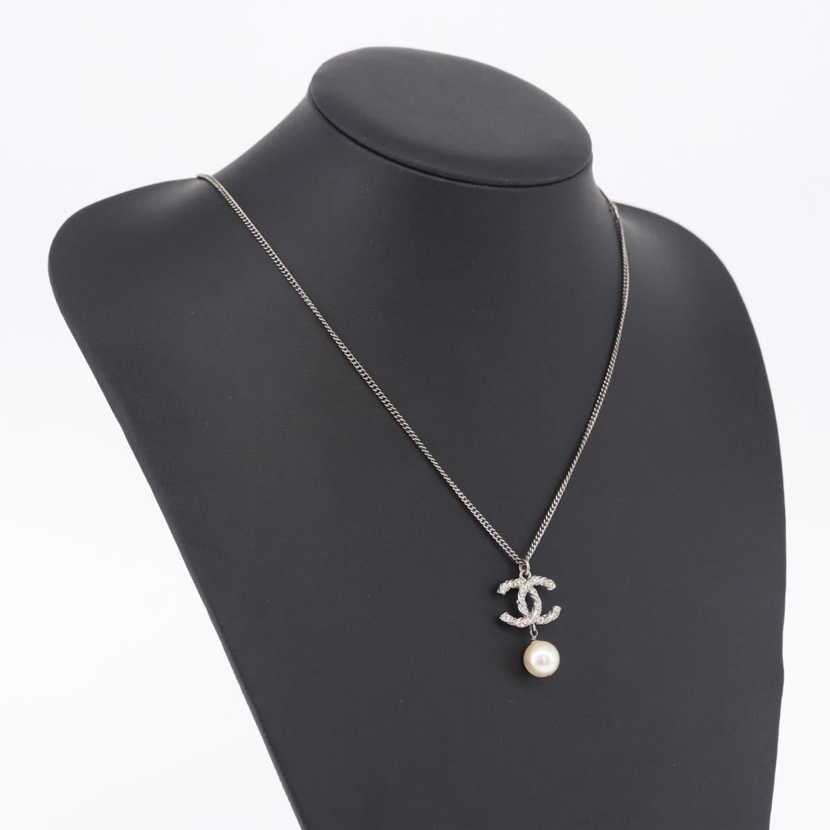 CHANEL COCO Mark Necklace Metal Silver CC Auth 198854V