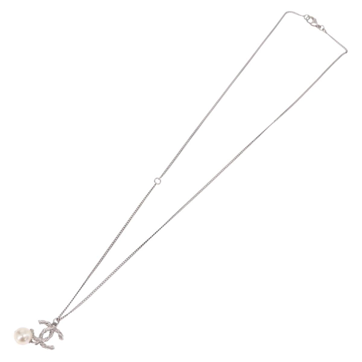 CHANEL COCO Mark Necklace Metal Silver CC Auth 198854V
