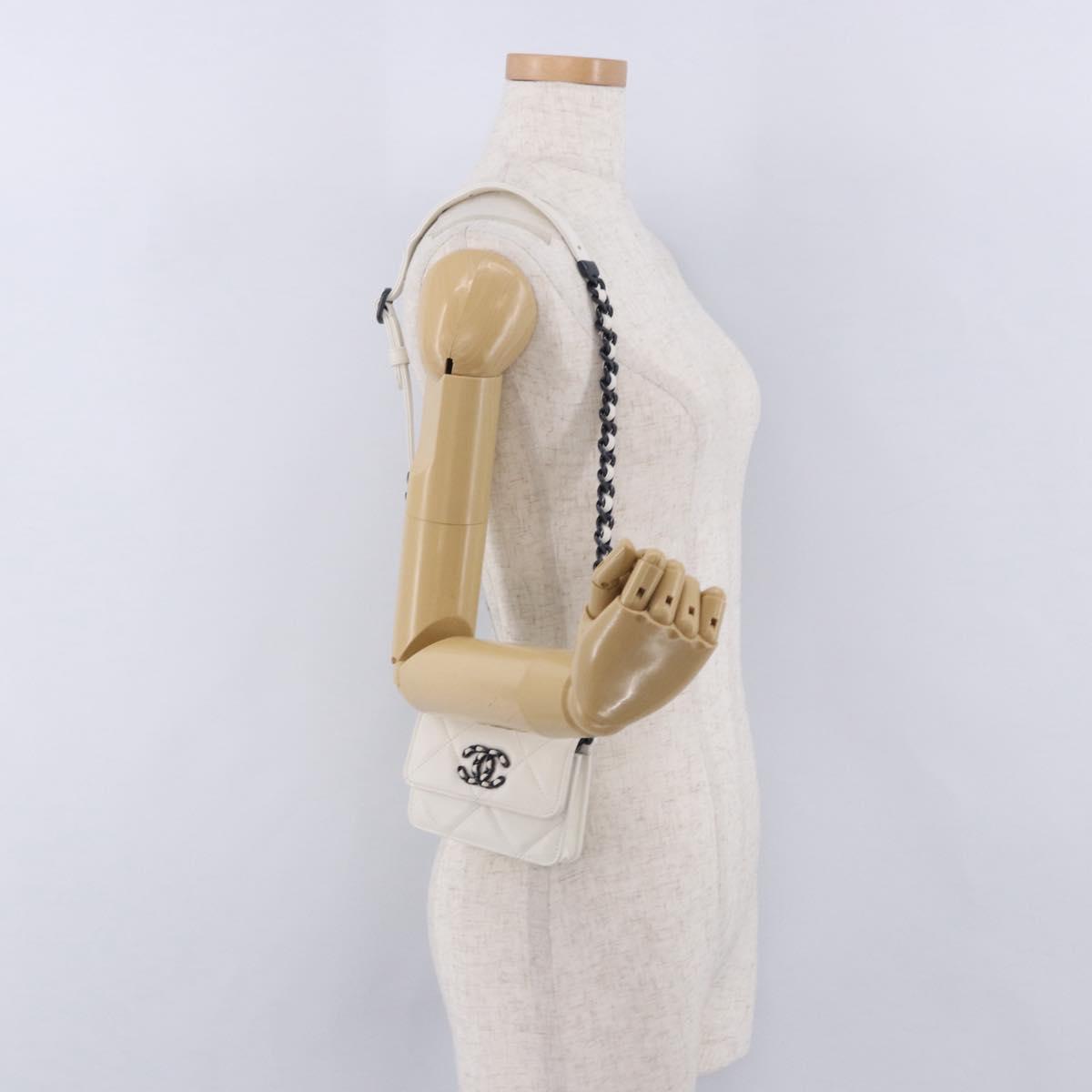CHANEL chanel 19 Chain Wallet Lamb Skin White Silver CC Auth 198864M