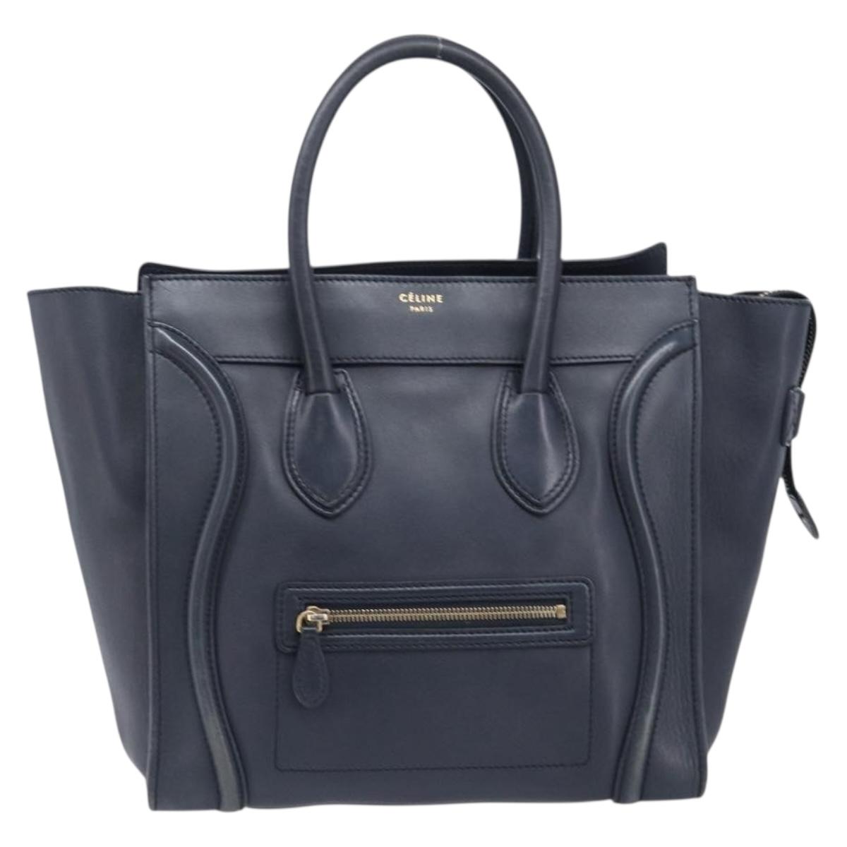 CELINE Luggage Mini Shopper Hand Bag Leather Navy Gold Auth 198865A