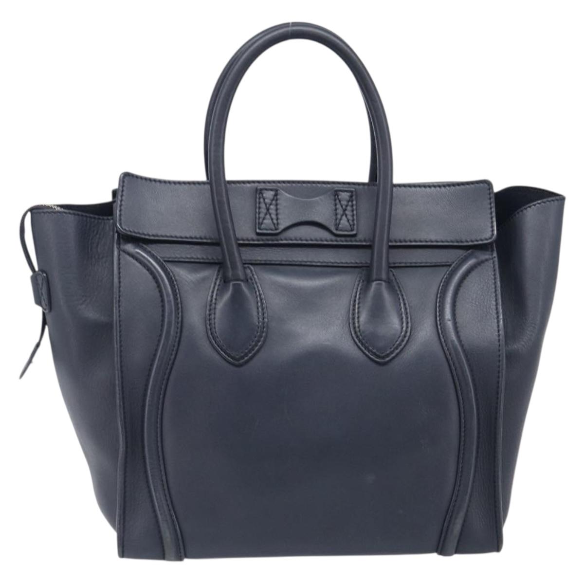 CELINE Luggage Mini Shopper Hand Bag Leather Navy Gold Auth 198865A