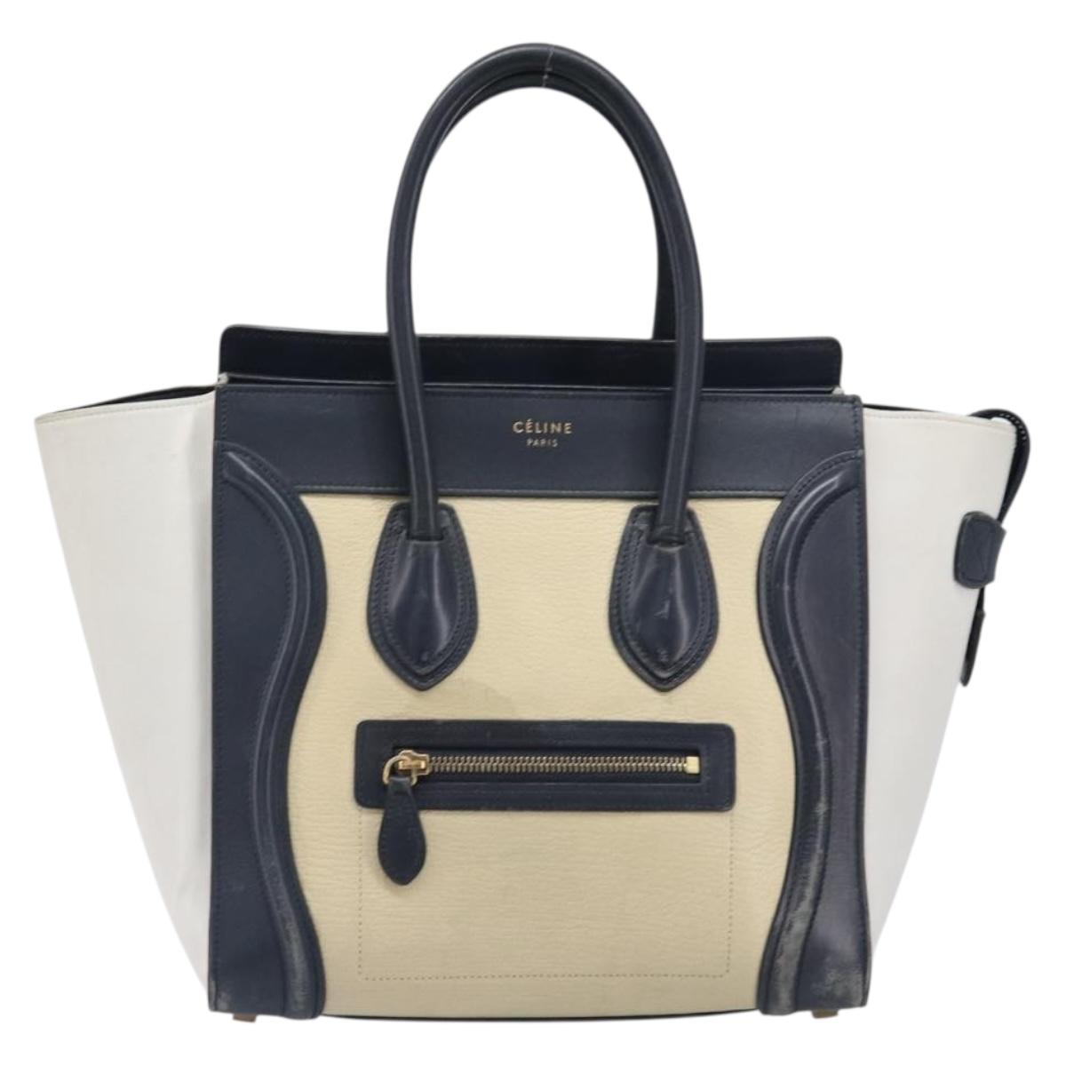 CELINE Luggage Micro shopper Hand Bag Leather White Gold Tone Auth 198867A
