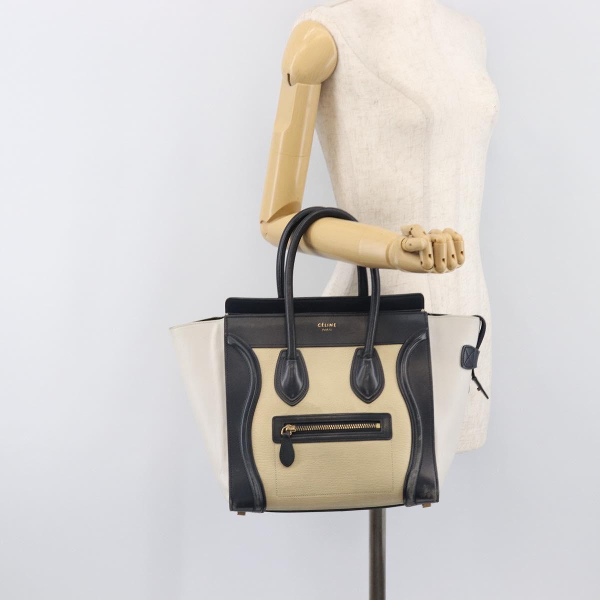 CELINE Luggage Micro shopper Hand Bag Leather White Gold Tone Auth 198867A
