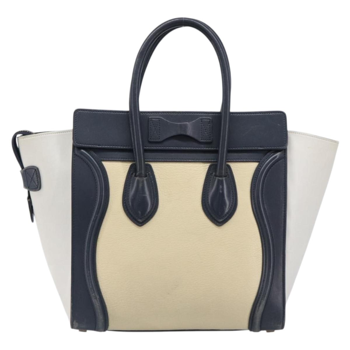 CELINE Luggage Micro shopper Hand Bag Leather White Gold Tone Auth 198867A