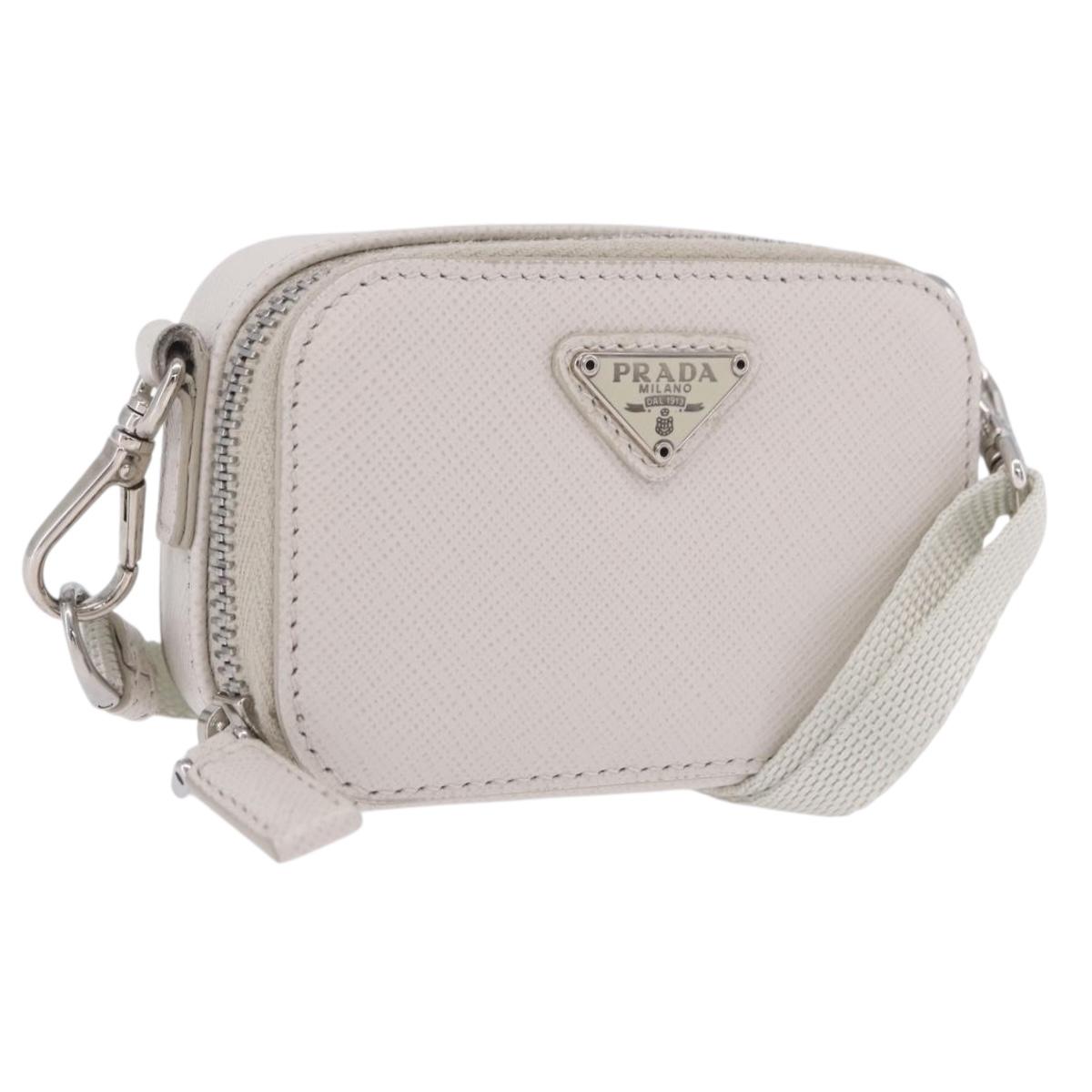 PRADA Shoulder Pouch Saffiano Ivory Silver Auth 198874V