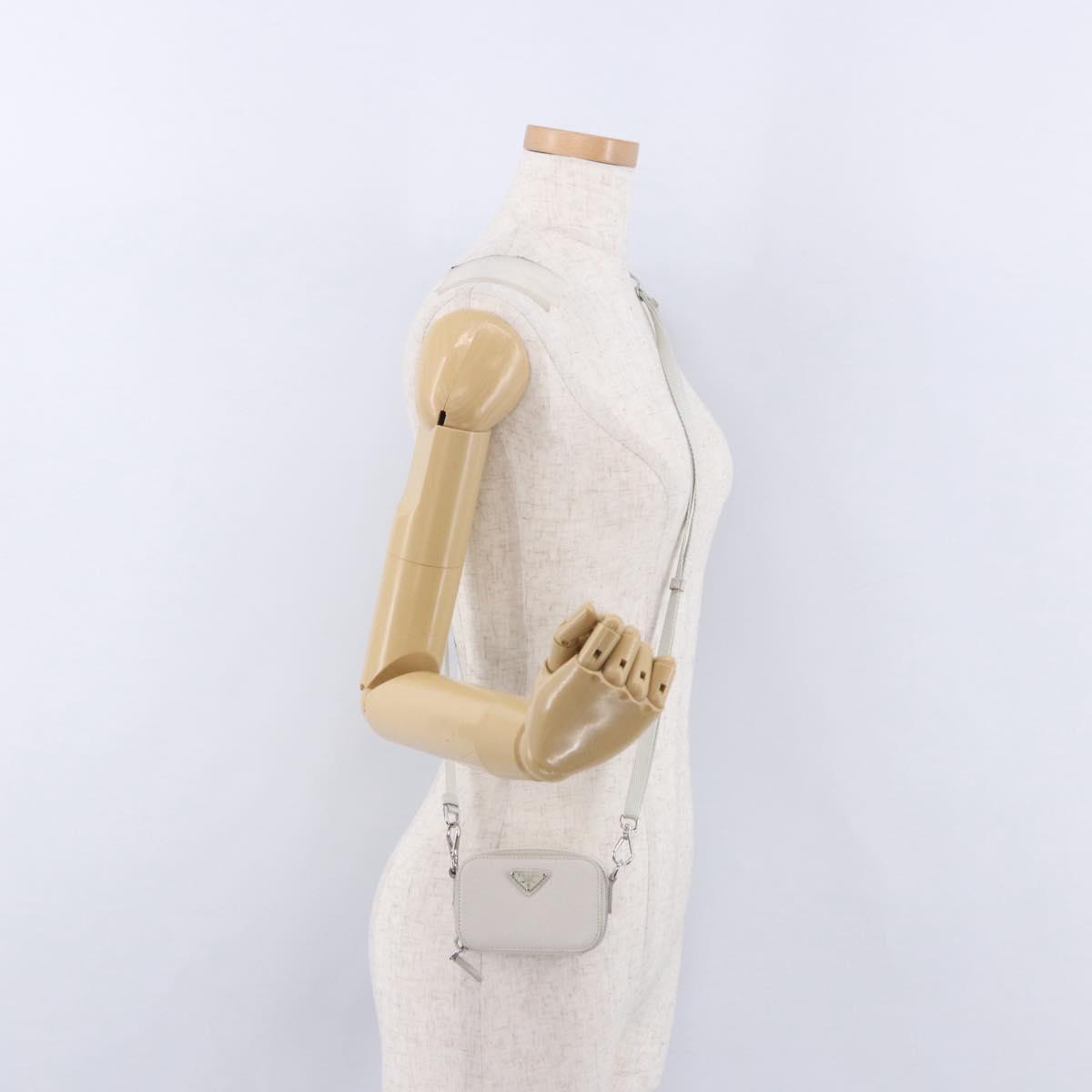 PRADA Shoulder Pouch Saffiano Ivory Silver Auth 198874V