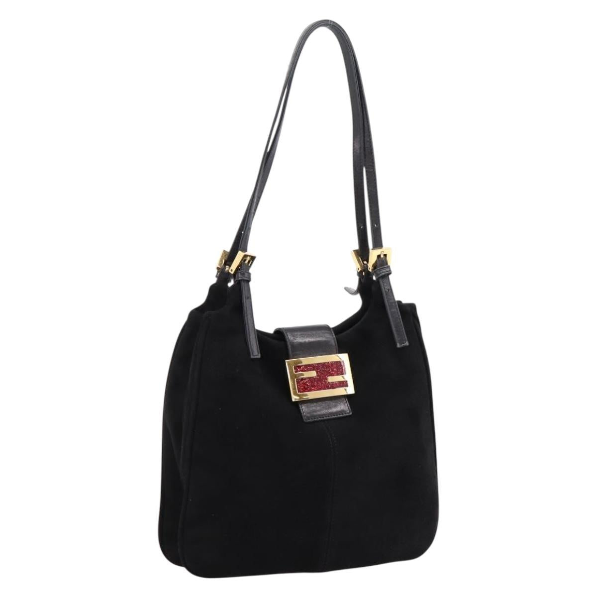 FENDI Mamma Baguette Tote Bag Suede Black Gold Tone Auth 198883A
