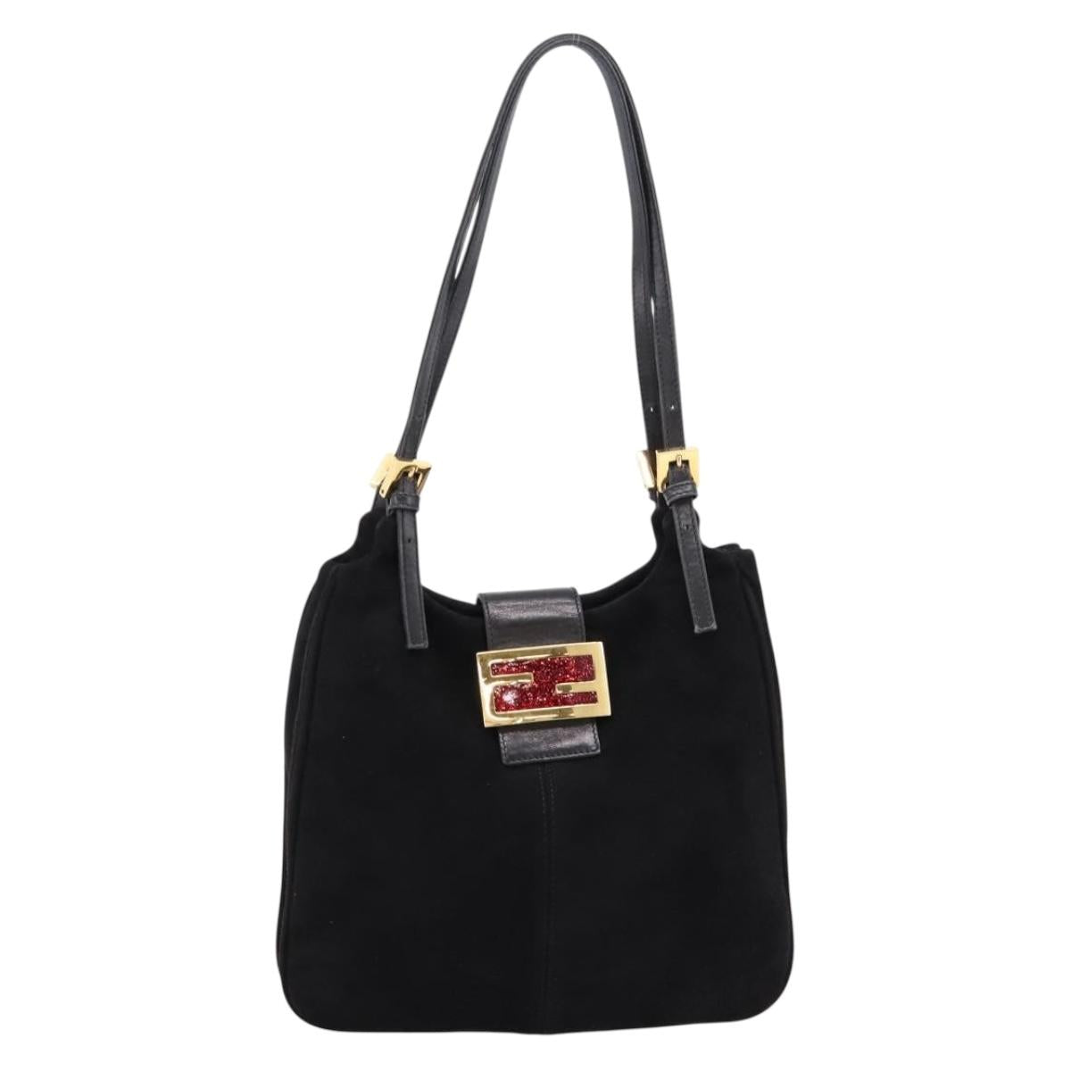 FENDI Mamma Baguette Tote Bag Suede Black Gold Tone Auth 198883A