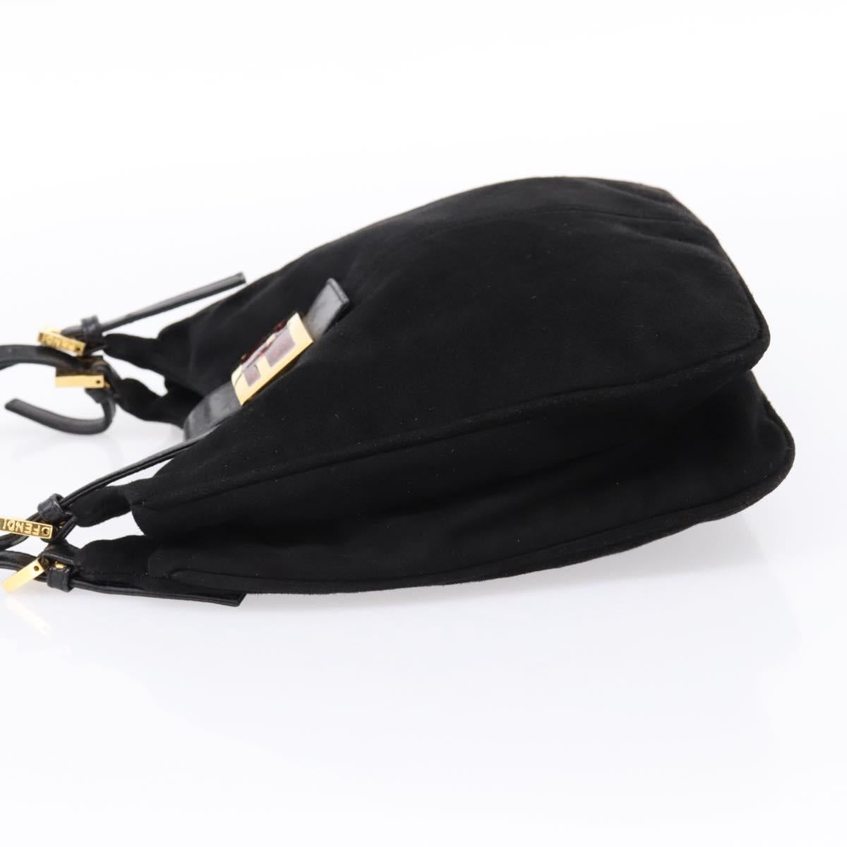 FENDI Mamma Baguette Tote Bag Suede Black Gold Tone Auth 198883A